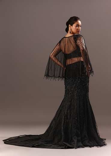 Black Embroidery Fish Cut Lehenga With Embroidered Blouse And Cape