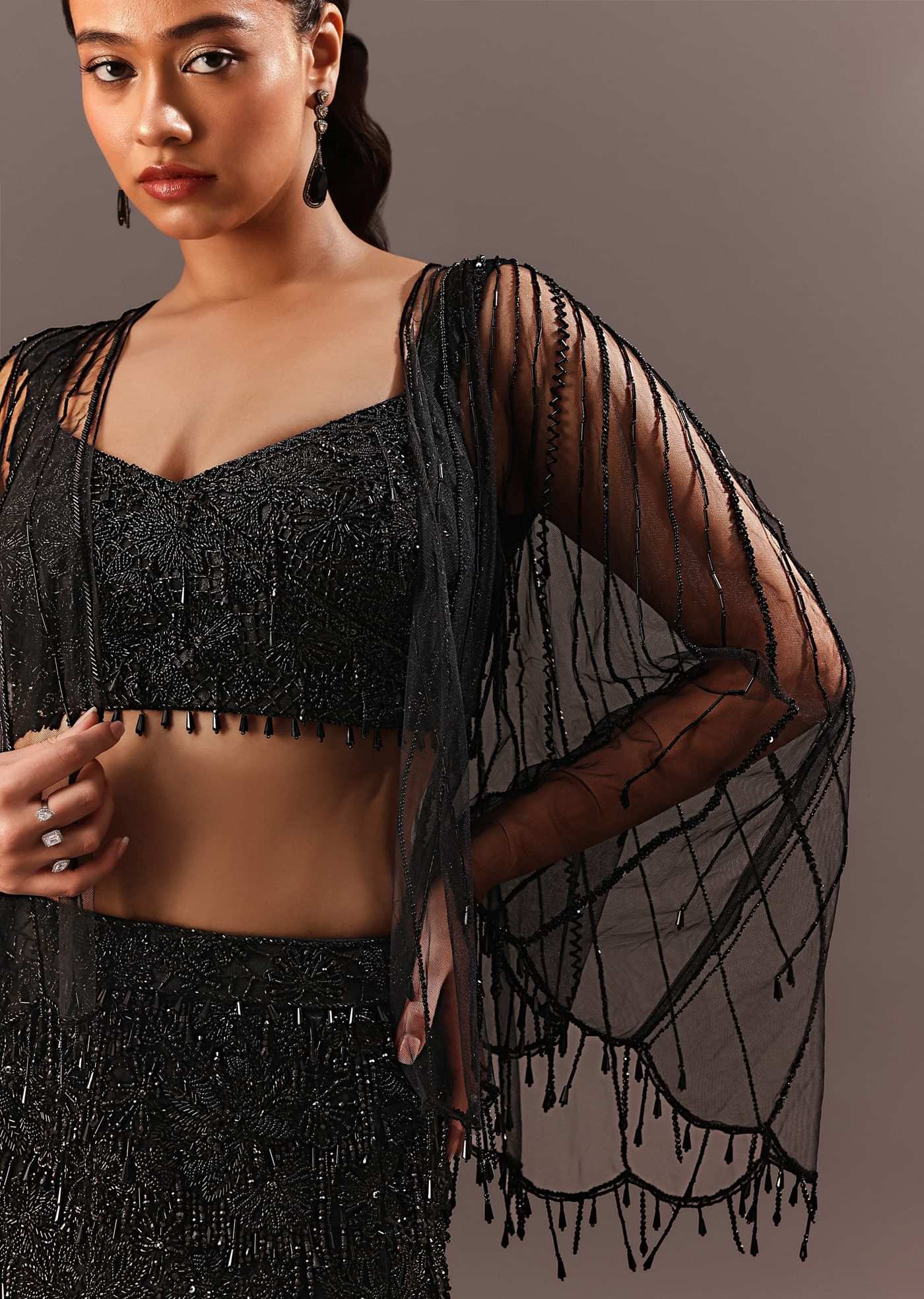 Black Embroidery Fish Cut Lehenga With Embroidered Blouse And Cape