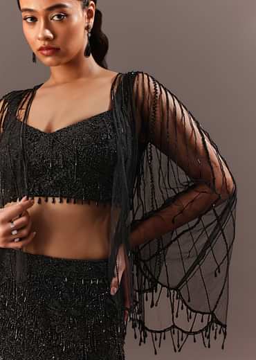 Black Embroidery Fish Cut Lehenga With Embroidered Blouse And Cape