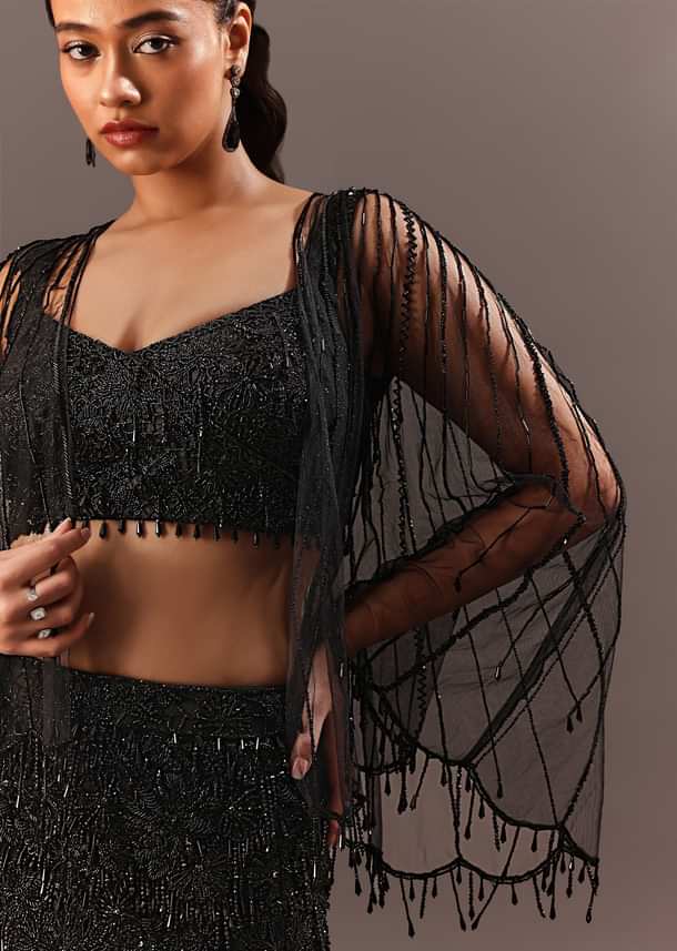 Black Embroidery Fish Cut Lehenga With Embroidered Blouse And Cape