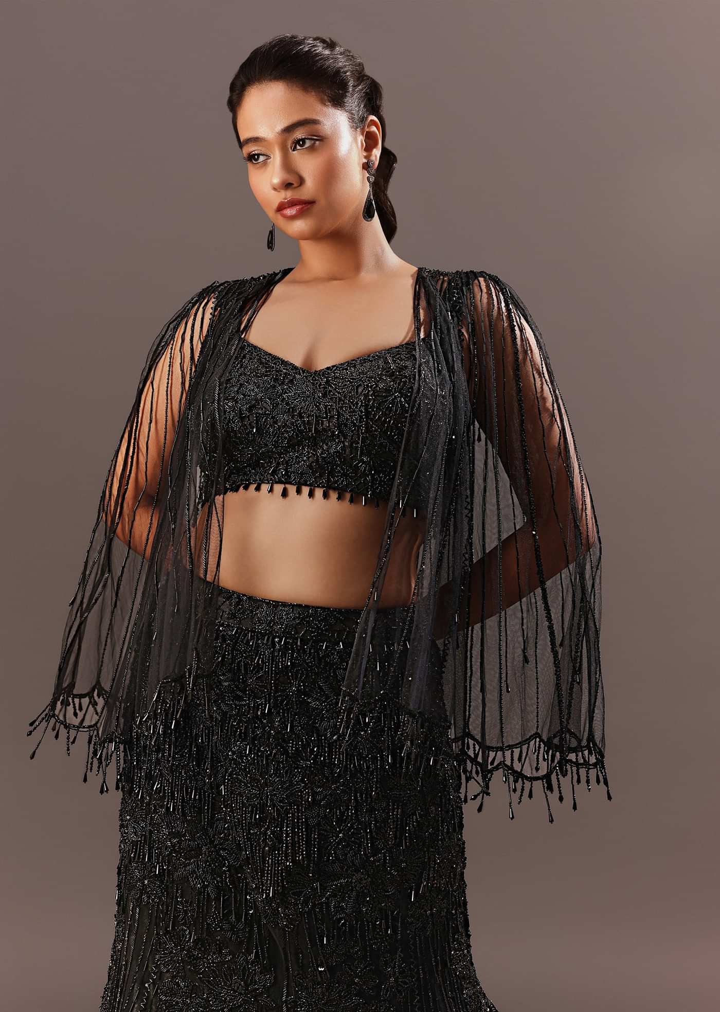 Black Embroidery Fish Cut Lehenga With Embroidered Blouse And Cape