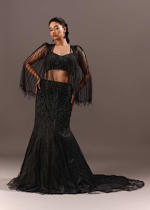 Black Embroidery Fish Cut Lehenga With Embroidered Blouse And Cape