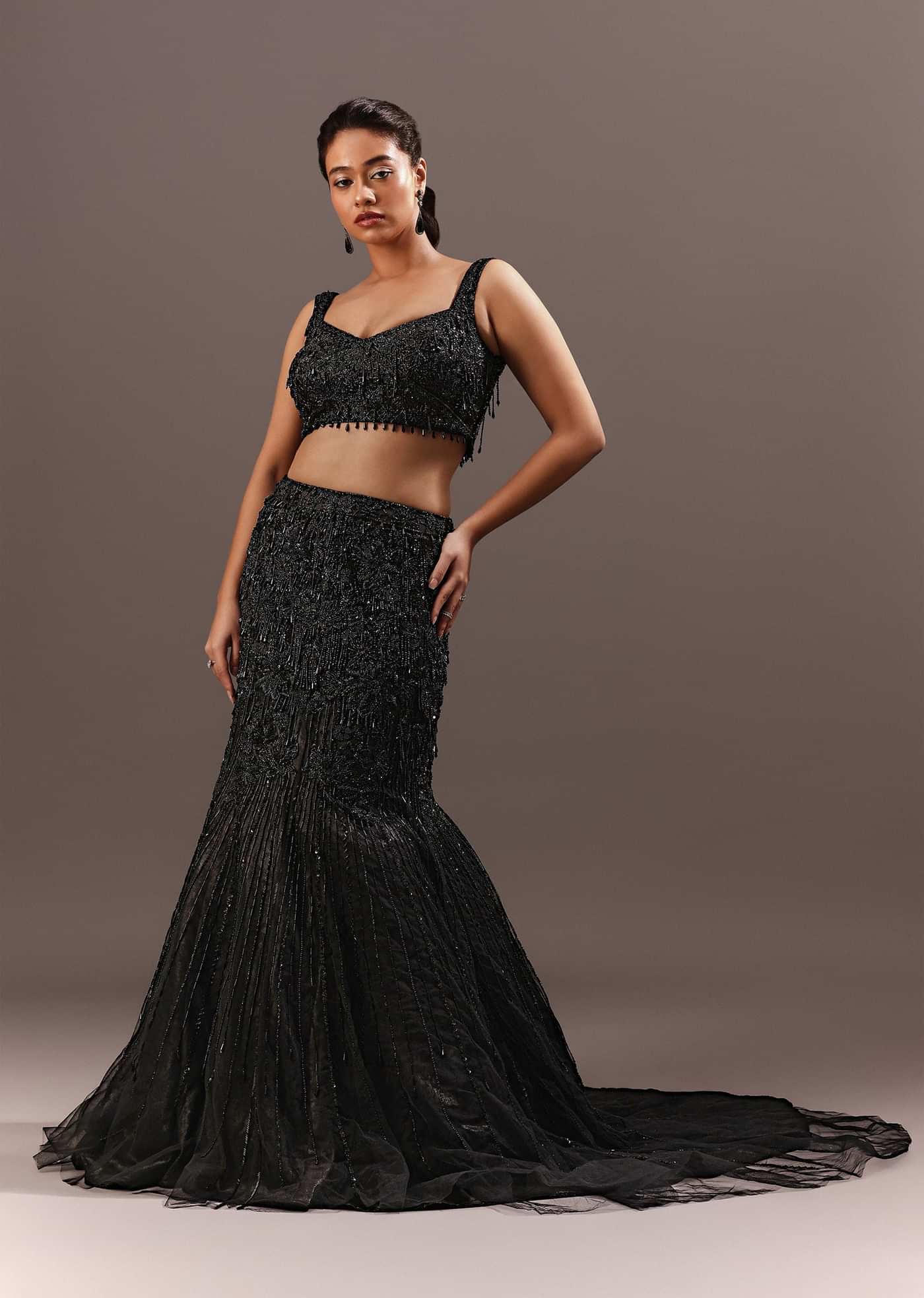 Black Embroidery Fish Cut Lehenga With Embroidered Blouse And Cape