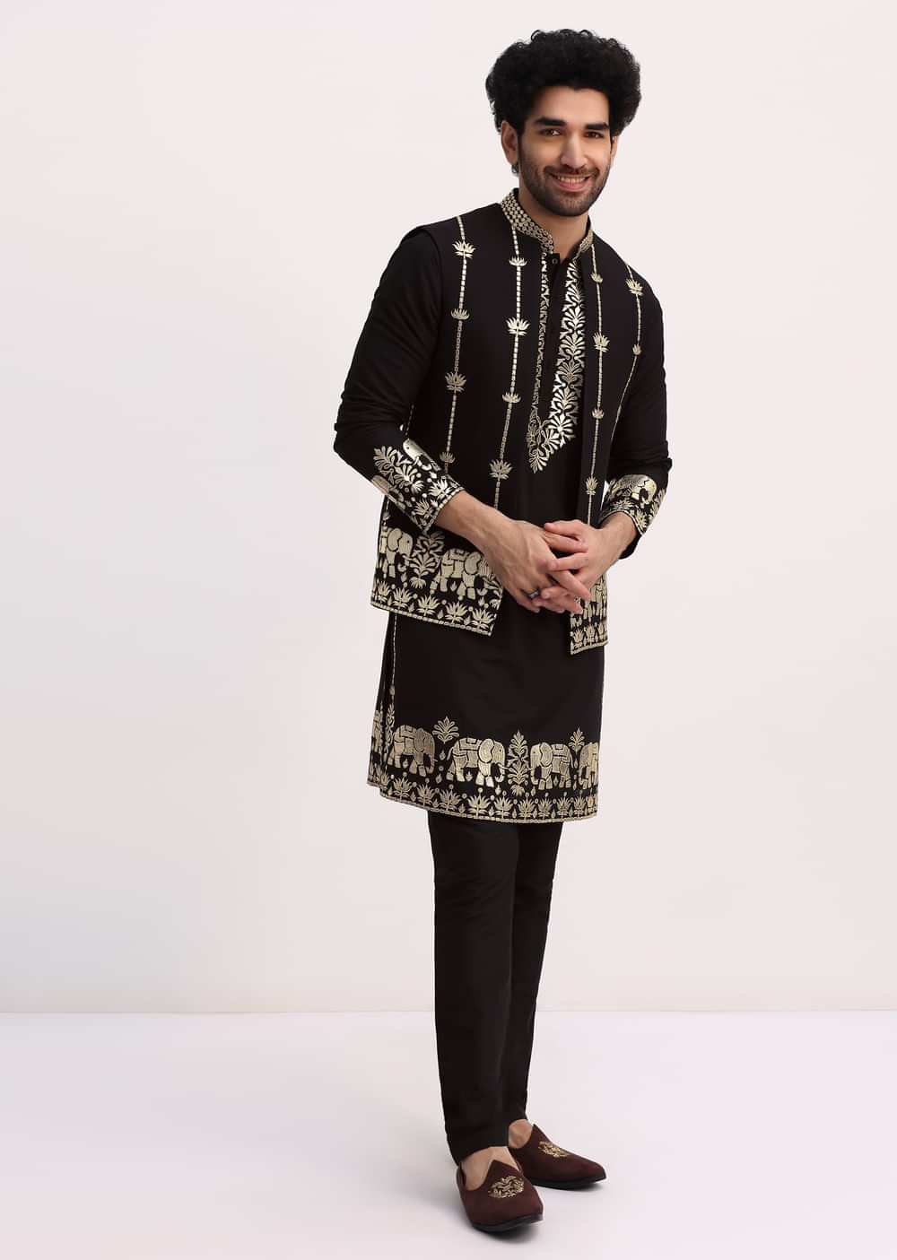 Black Gold Foil Apllique Work Kurta Jacket Set
