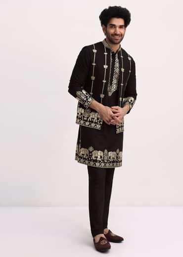 Black Gold Foil Apllique Work Kurta Jacket Set