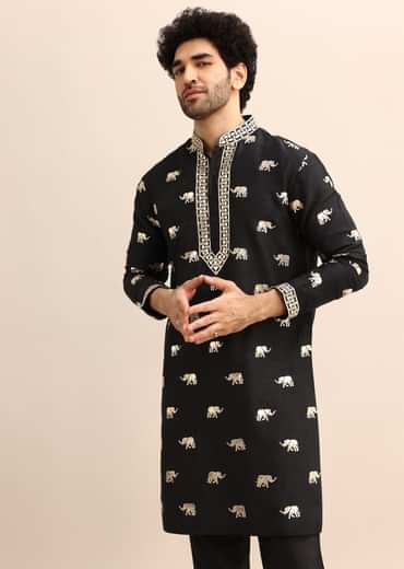 Black Gold Foil Applique Motifs Work Kurta Set
