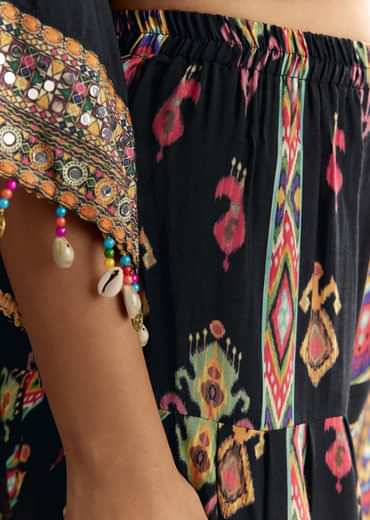 Black Printed Muslin Kurta Dhoti Set