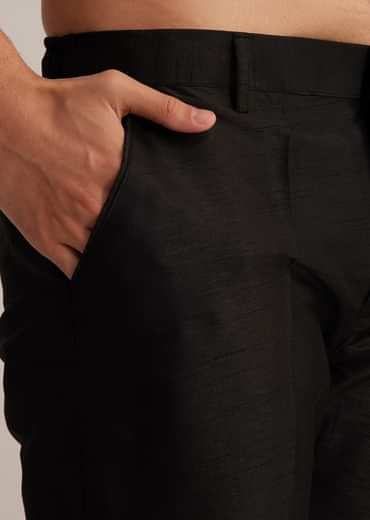 Black Silk Kurta Set With Embroidered Nehru Jacket