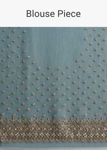 Blue Crushed Tissue Saree With Scallop Embellished Border