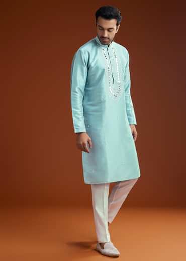 Blue Mirror Embellished Kurta Pant Set In Silk