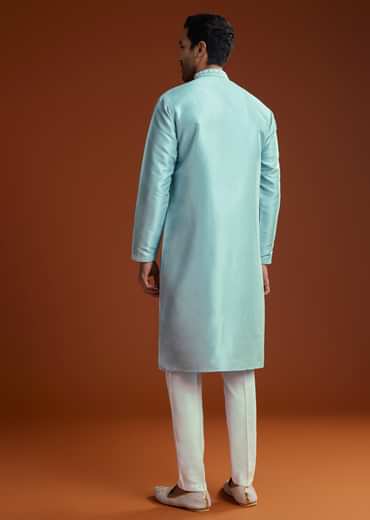 Blue Mirror Embellished Kurta Pant Set In Silk