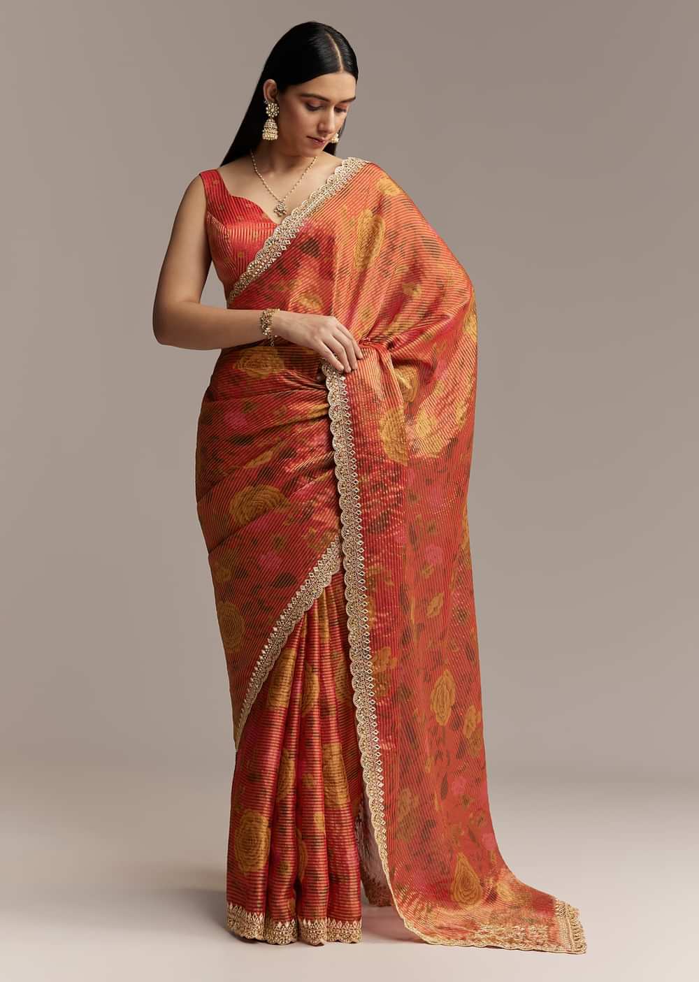 Brown Red Tissue Saree With Mirror And Zari Work