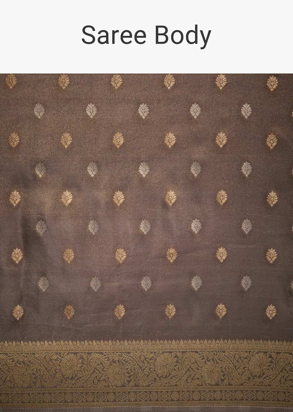 Brownish Grey Tissue Silk Saree With Zari Border And Butti Work