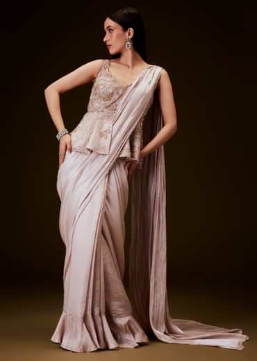 Champion Peach Sequence Embroidered Peplum Top With Saree