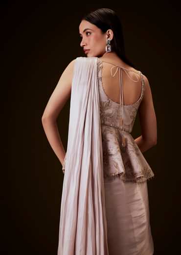 Champion Peach Sequence Embroidered Peplum Top With Saree