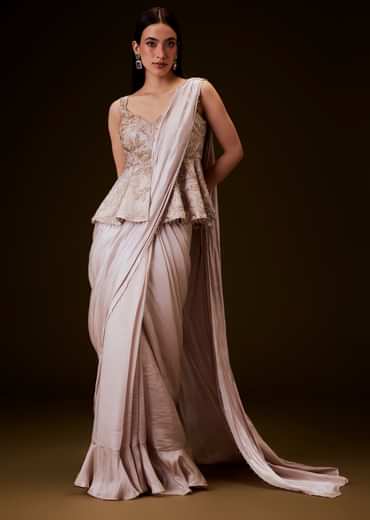 Champion Peach Sequence Embroidered Peplum Top With Saree