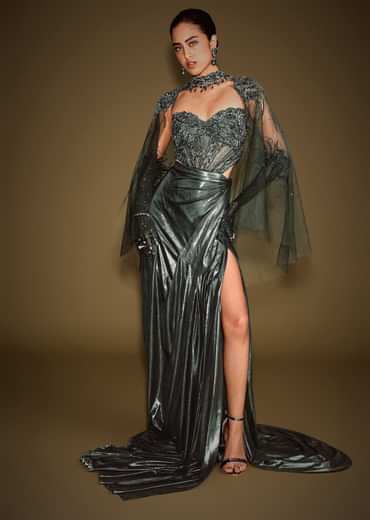 Dark Green Corset Drape Gown With Embroidered Cape