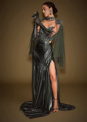Dark Green Corset Drape Gown With Embroidered Cape