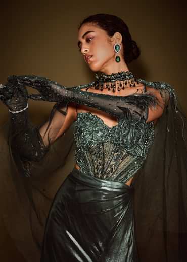 Dark Green Corset Drape Gown With Embroidered Cape