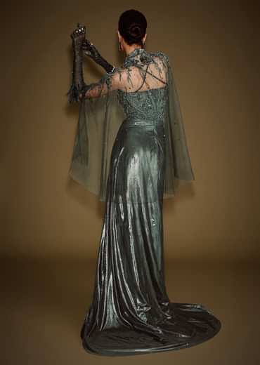 Dark Green Corset Drape Gown With Embroidered Cape