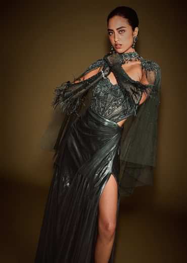 Dark Green Corset Drape Gown With Embroidered Cape
