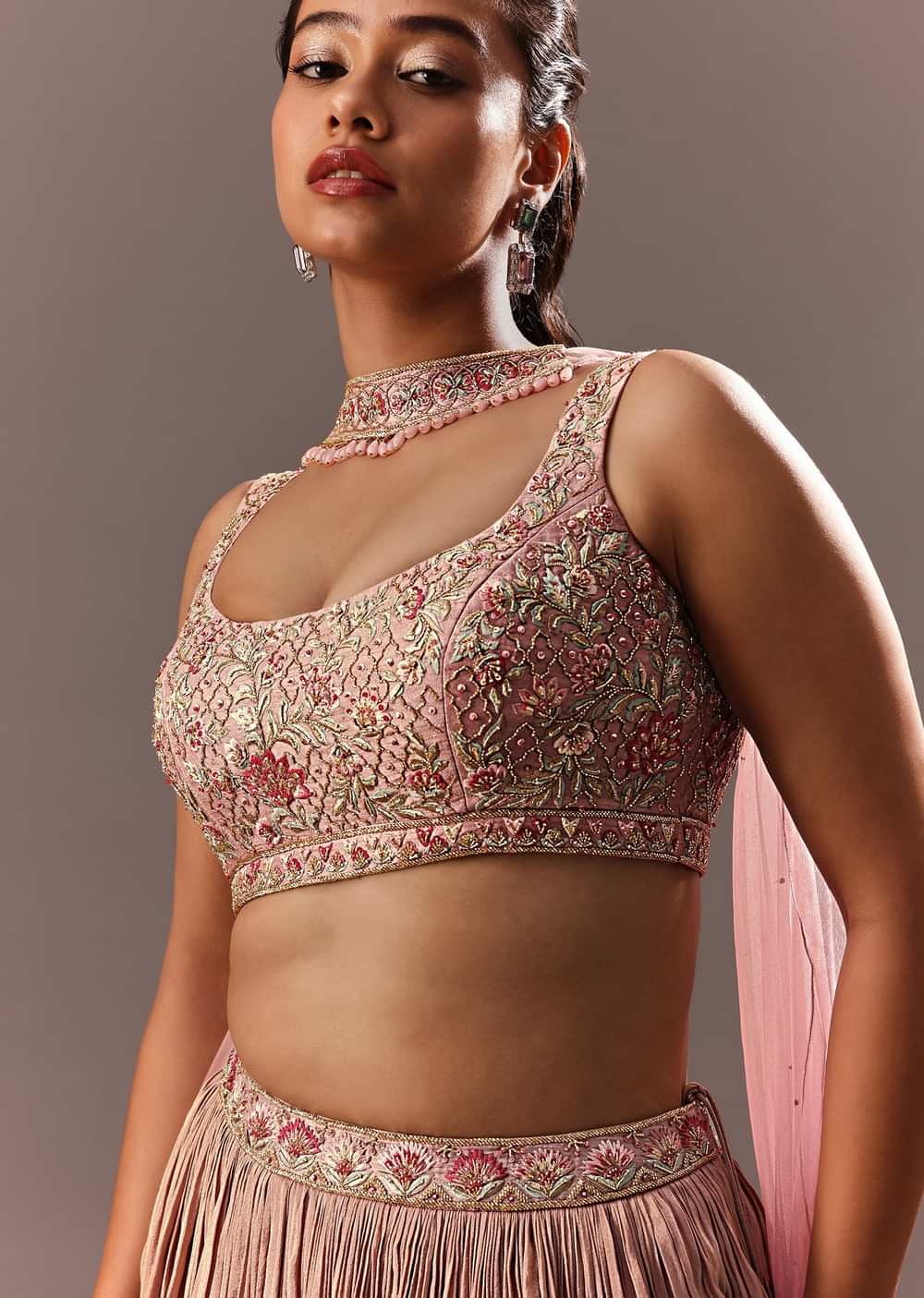 Dusty Pink Ruching Lehenga With Embroidered Blouse And Choker Dupatta
