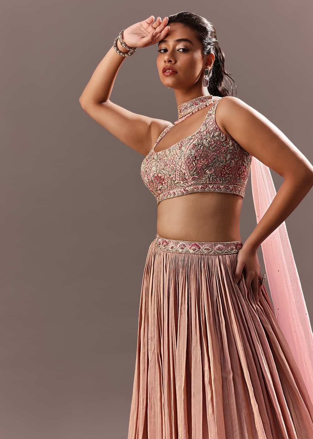 Dusty Pink Ruching Lehenga With Embroidered Blouse And Choker Dupatta