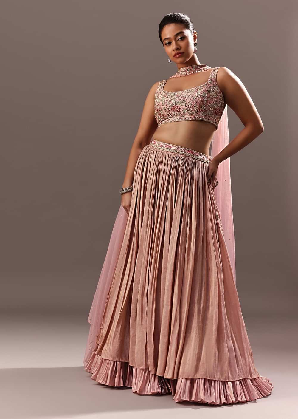 Dusty Pink Ruching Lehenga With Embroidered Blouse And Choker Dupatta