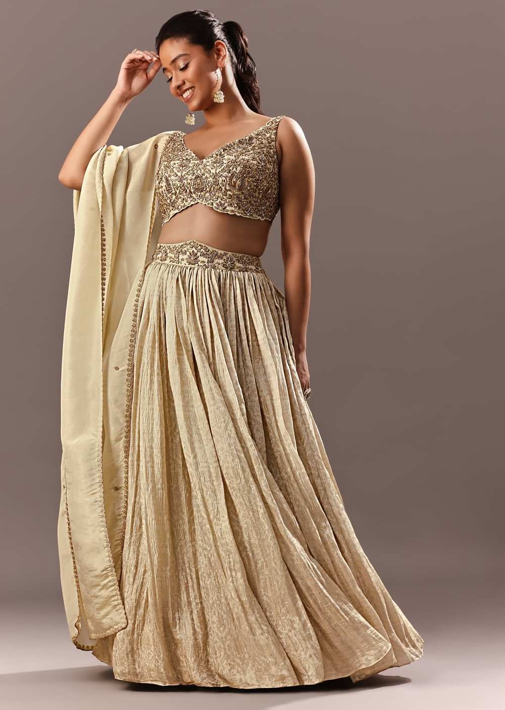 Gold Bridesmaid Brocade Lehenga With Embroidered Blouse And Dupatta