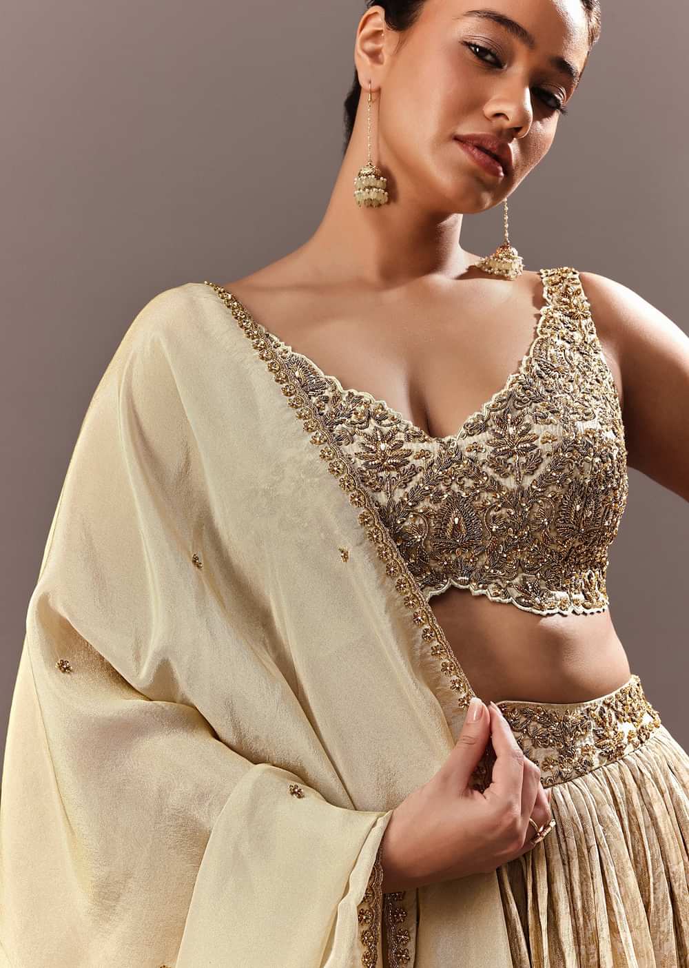 Gold Bridesmaid Brocade Lehenga With Embroidered Blouse And Dupatta