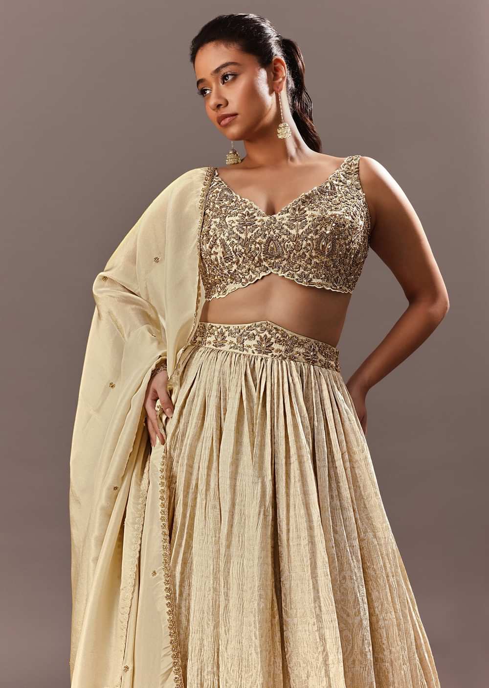 Gold Bridesmaid Brocade Lehenga With Embroidered Blouse And Dupatta