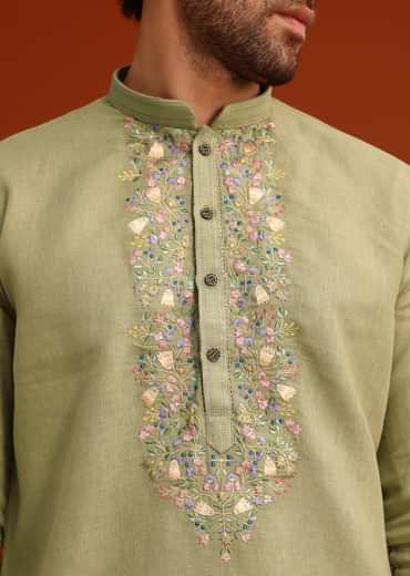 Green Floral Handwork Kurta Set In Linen