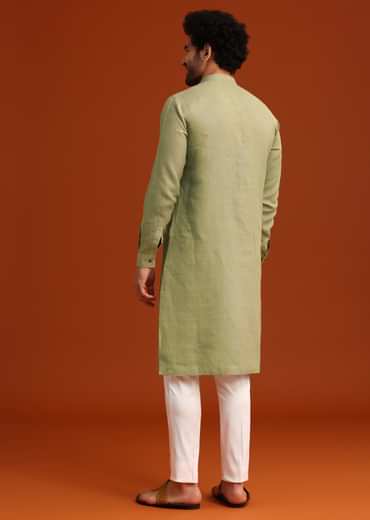 Green Floral Handwork Kurta Set In Linen