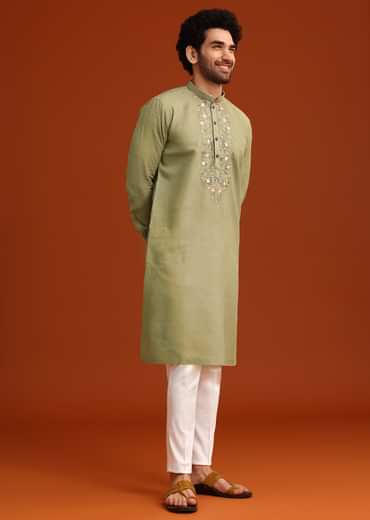 Green Floral Handwork Kurta Set In Linen