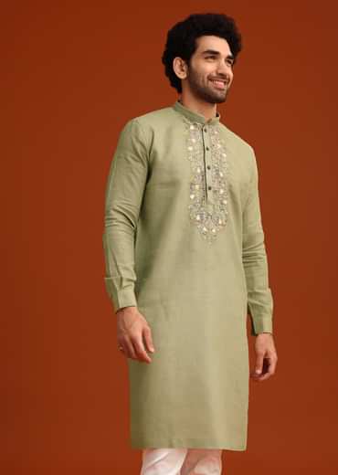 Green Floral Handwork Kurta Set In Linen
