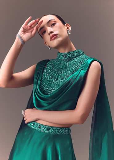 Green Organza Cowl Blouse And Lehenga Set