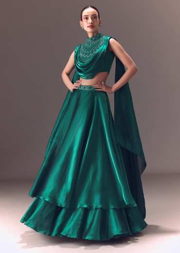 Green Organza Cowl Blouse And Lehenga Set