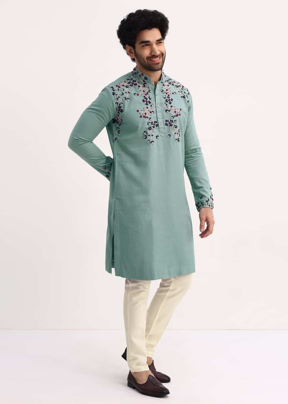 Green Handwork Embroidered Kurta Set For Men