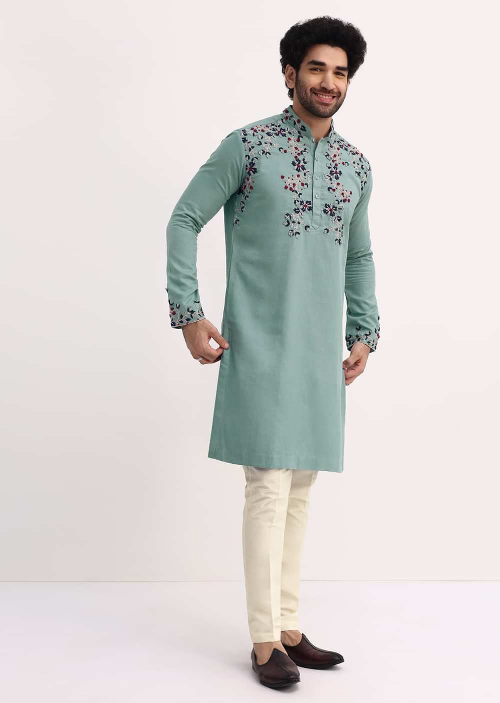 Green Handwork Embroidered Kurta Set For Men