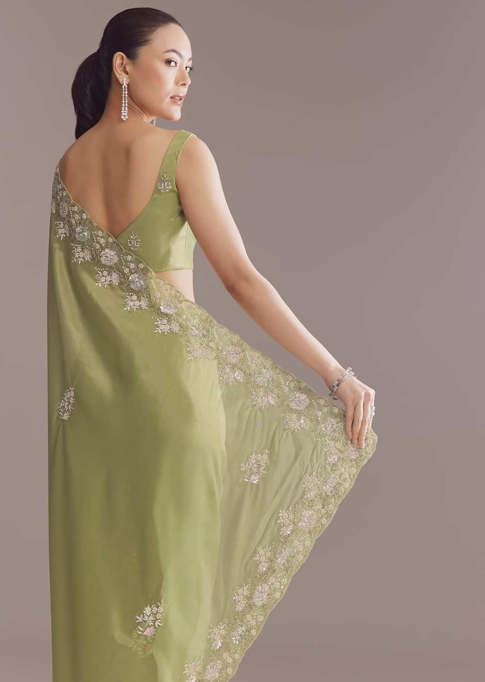 Green Tissue Saree With Bead And Sequin Embroidery