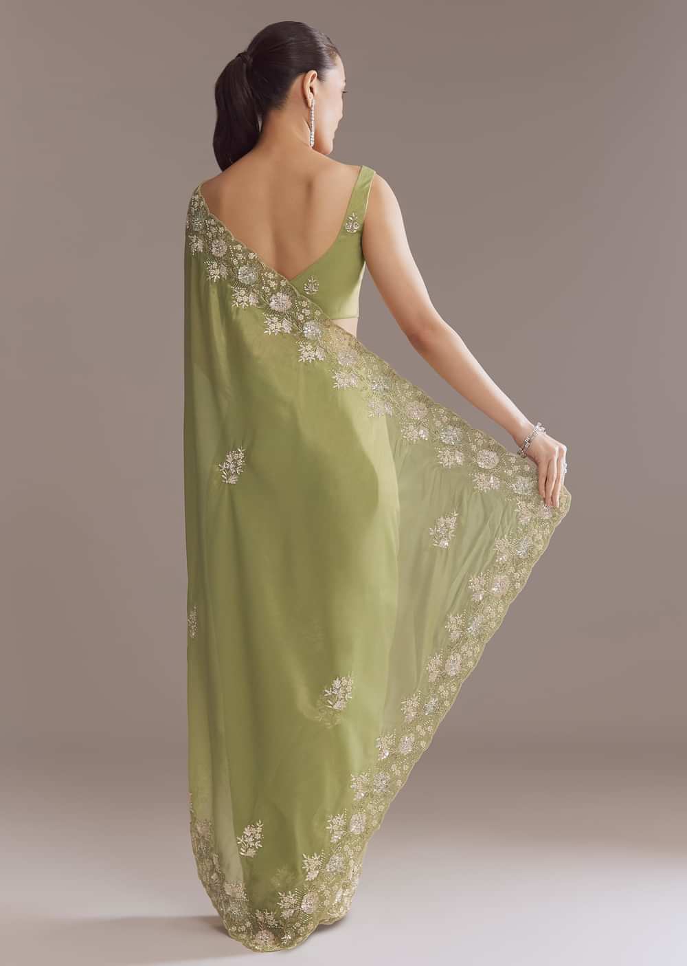 Green Tissue Saree With Bead And Sequin Embroidery
