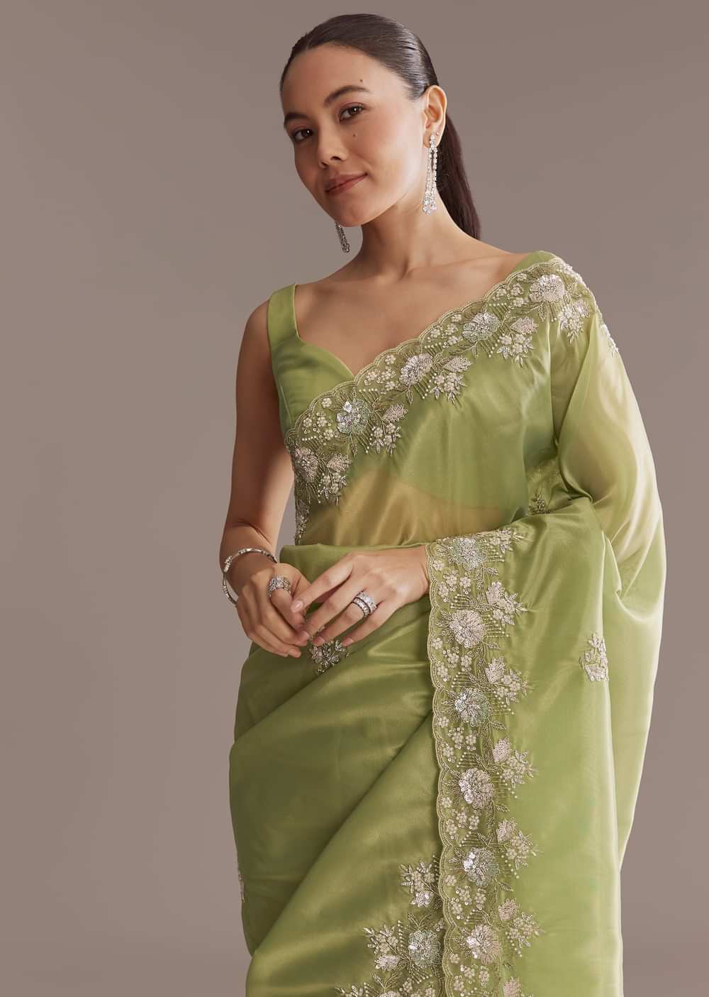 Green Tissue Saree With Bead And Sequin Embroidery