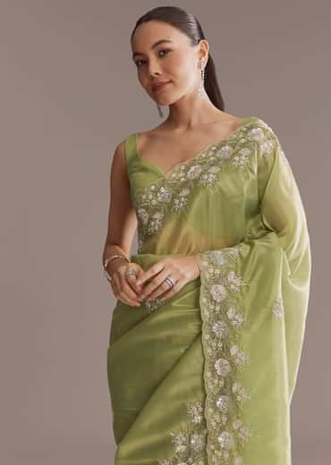 Green Tissue Saree With Bead And Sequin Embroidery