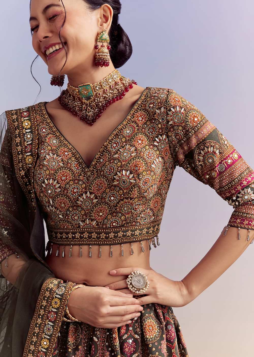 Grey And Red Crepe Printed Bridesmaid Lehenga With Heavy Embroidery