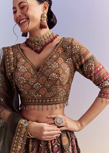 Grey And Red Crepe Printed Bridesmaid Lehenga With Heavy Embroidery