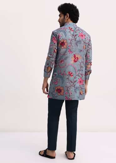 Grey Printed Kurta Set For Men