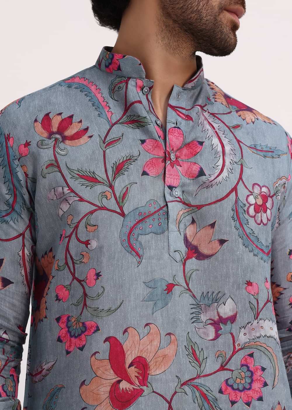 Grey Printed Kurta Set For Men