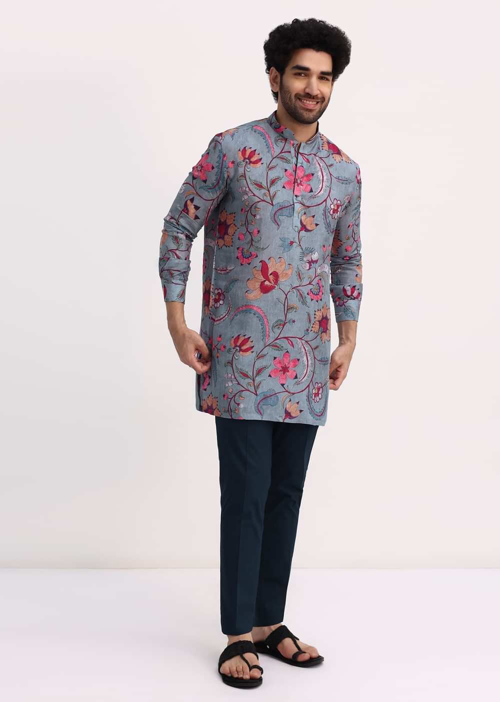 Grey Printed Kurta Set For Men