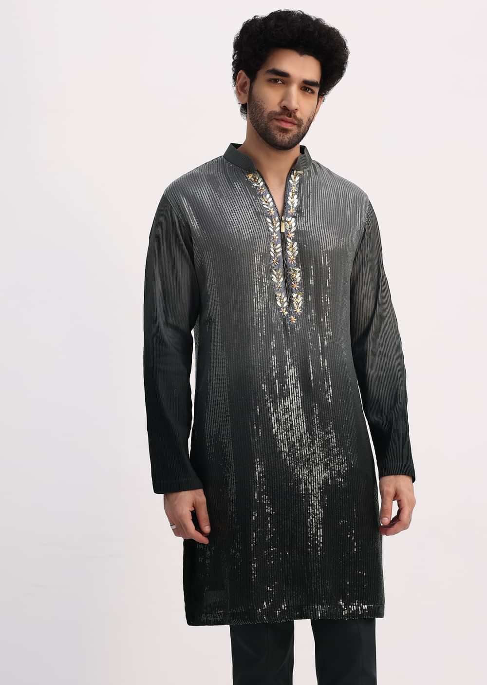 Grey Shaded Sequin Zipper Kurta With Black Pants