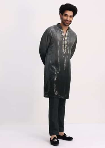 Grey Shaded Sequin Zipper Kurta With Black Pants